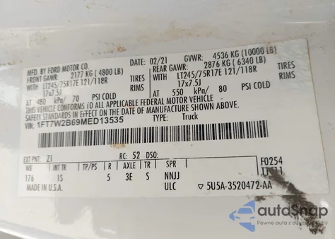 2021 Ford F-250 Xl из США, поврежденный, VIN 1FT7W2B69MED13535